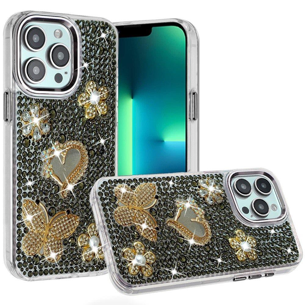 Phone Case for Apple iPhone 13 Pro Max Luxury Crystal Butterfly Floral Jeweled Heart Full Diamond Design, Sparkling Decorative Details, Elegant Style Cover