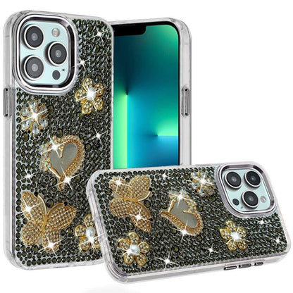 Phone Case for Apple iPhone 13 Pro Max Luxury Crystal Butterfly Floral Jeweled Heart Full Diamond Design, Sparkling Decorative Details, Elegant Style Cover