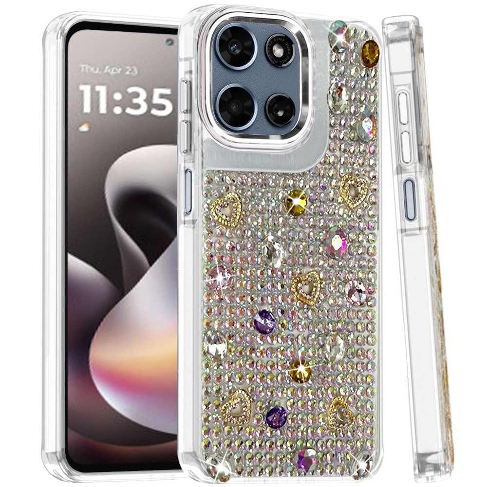 Phone Case for Motorola Moto G Stylus 5G 2026 /2025 Chrome Fashion Hybrid Bling Diamond Heart Rhinestone Decorative Stones Sparkling Embellished Design Cover