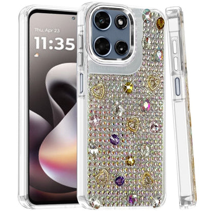 Phone Case for Motorola Moto G Stylus 5G 2026 /2025 Chrome Fashion Hybrid Bling Diamond Heart Rhinestone Decorative Stones Sparkling Embellished Design Cover