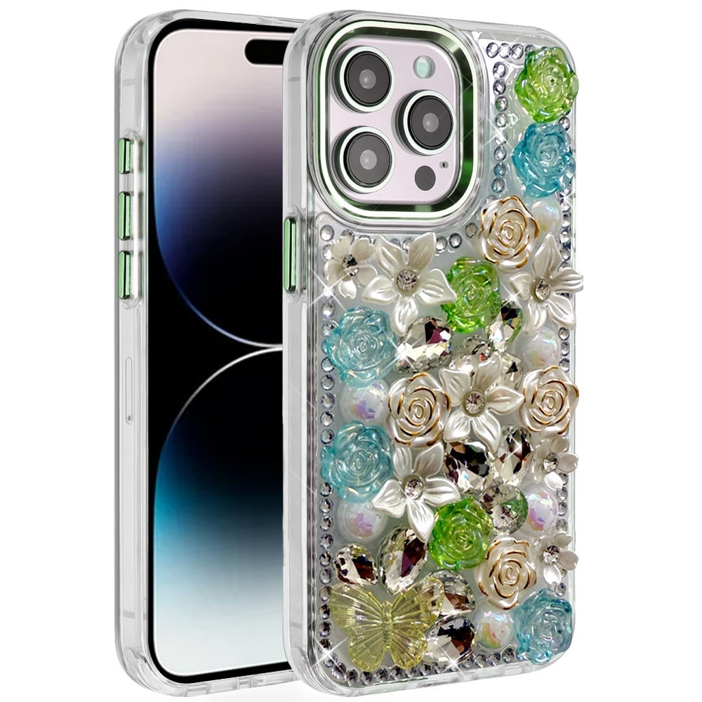 For iPhone 14 Pro Max (6.7") 3D Diamond Floral Roses Flower Bling Stone Hybrid, Sparkly Rhinestone Gemstone Back Shockproof Case Cover Green