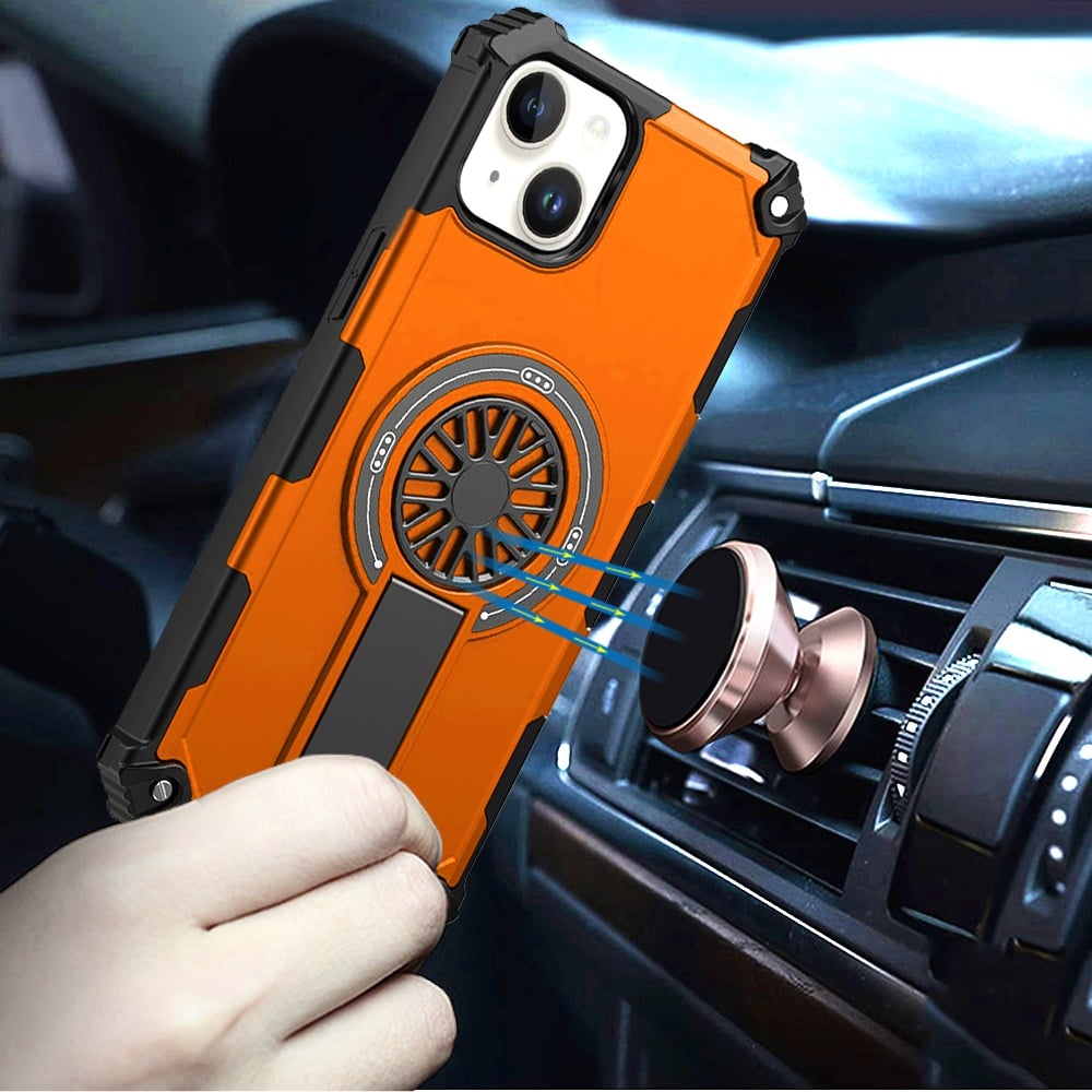 For iPhone 14/13 (6.1") Texture Design Invisible Kickstand Case, MagSafe Compatible Hybrid Shockproof Cover, Car Mount Friendly Case Cover Cosmic Orange