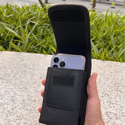 For Apple iPhone 16 Plus (6.7") Universal Dual Phone Holster Vertical Pouch for 2 Phones, Double Decker Belt Clip Case with Credit Card Slots Wallet Cover [Black]