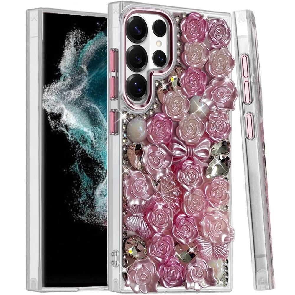 Phone Case for Galaxy S22 Ultra 3D Flower Bling Rhinestone Glitter Cute Stylish Shockproof Protective Decorative Luxury Grip Stones Ornaments Cover