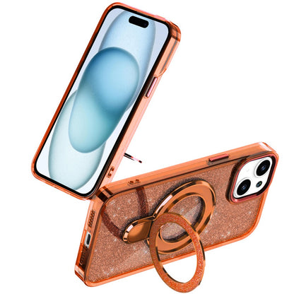 For iPhone 15 (6.1") Transparent Glitter Bling Case with Rotating Magnetic Ring Stand, Shockproof Hybrid Case Cover Cosmic Orange