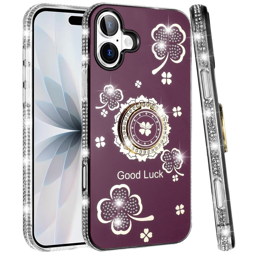 Phone Case for Apple iPhone 17 (6.3") Glitter Diamond Ring Stand Sparkle Rhinestone Edge AntiSlip Kickstand Luxury Fashion Bumper Shockproof Cover Red