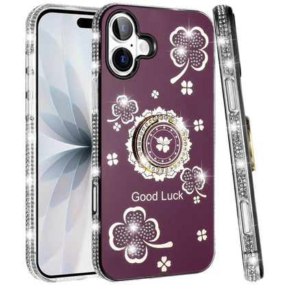 Phone Case for Apple iPhone 17 (6.3") Glitter Diamond Ring Stand Sparkle Rhinestone Edge AntiSlip Kickstand Luxury Fashion Bumper Shockproof Cover Red