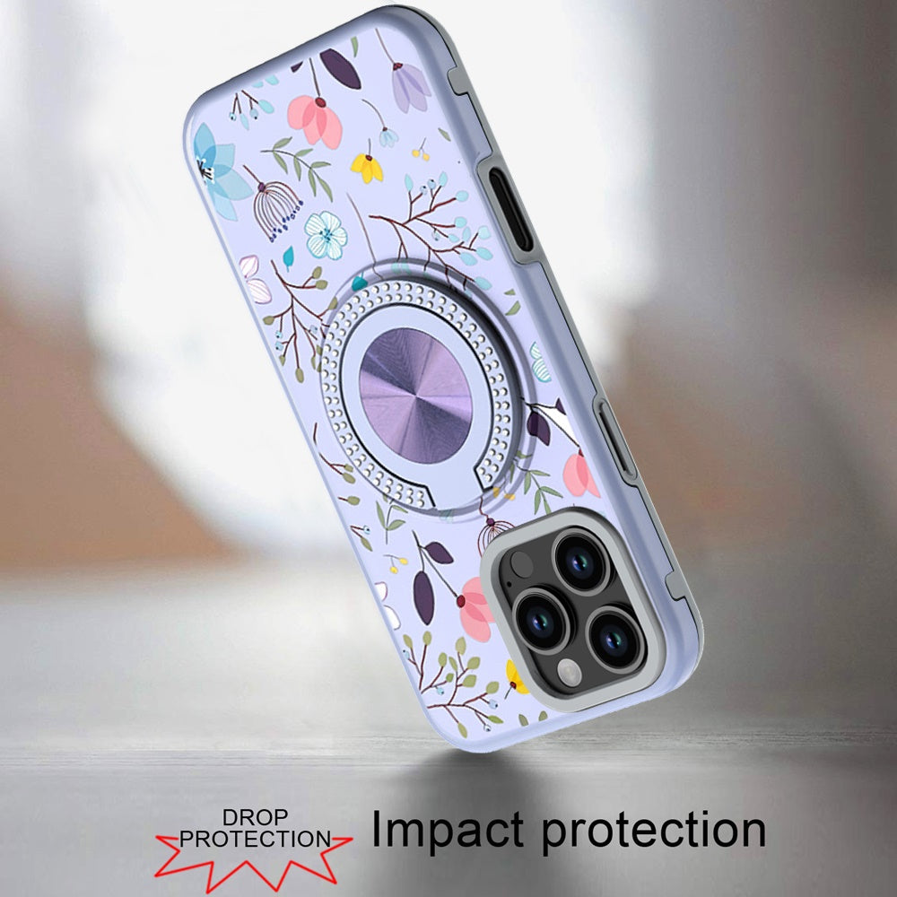 For iPhone 16 Pro Max (6.9") Pattern Design Hybrid with Invisible Ring Stand & Magnetic Back, Shockproof Protective Grip Case Cover