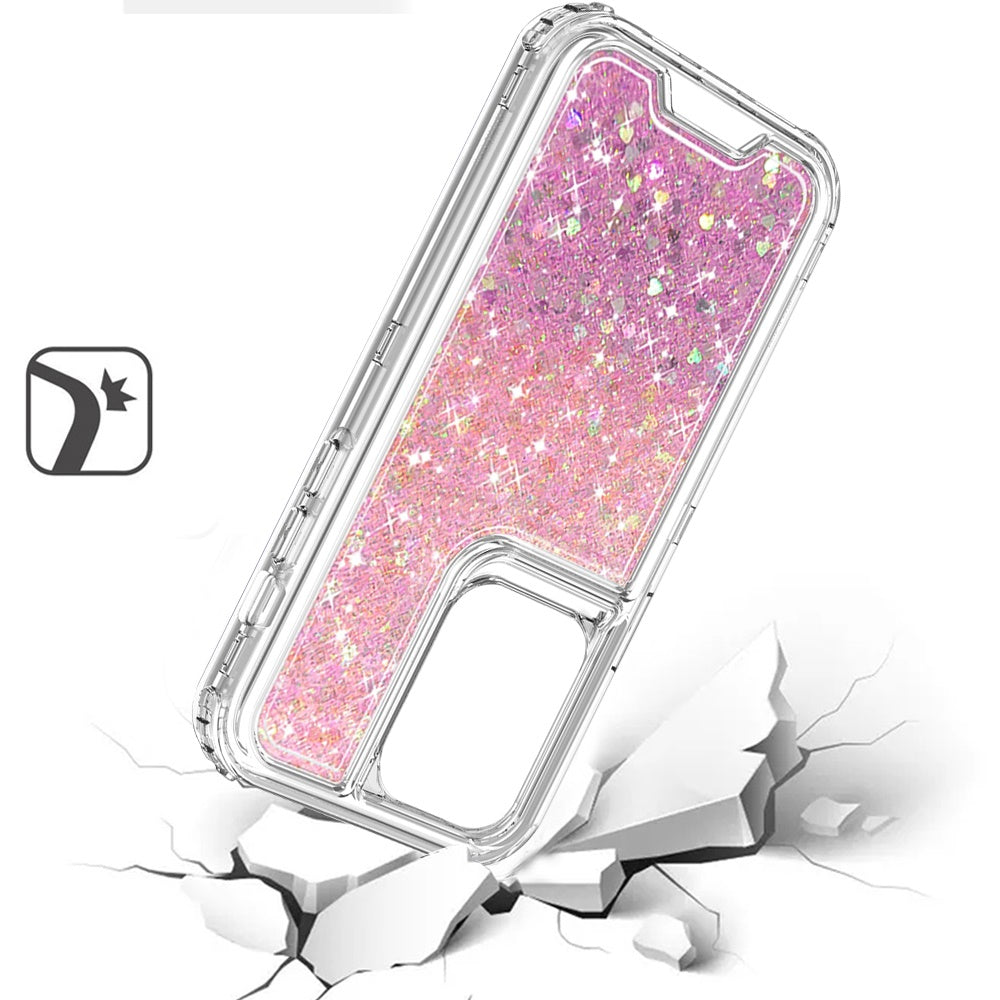 For Samsung Galaxy S24 Epoxy Bling Glitter Sparkly 3-in-1 Transparent Hybrid Full-Body Shockproof PC Bumper Case Cover Pink + Light Blue
