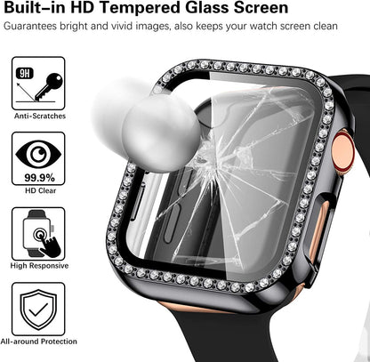 For Apple Watch Size 42mm Luxury Bling Cover Diamond Electroplate Rhinestone Bumper Protective Frame with Tempered Glass Screen Protector Case Cover