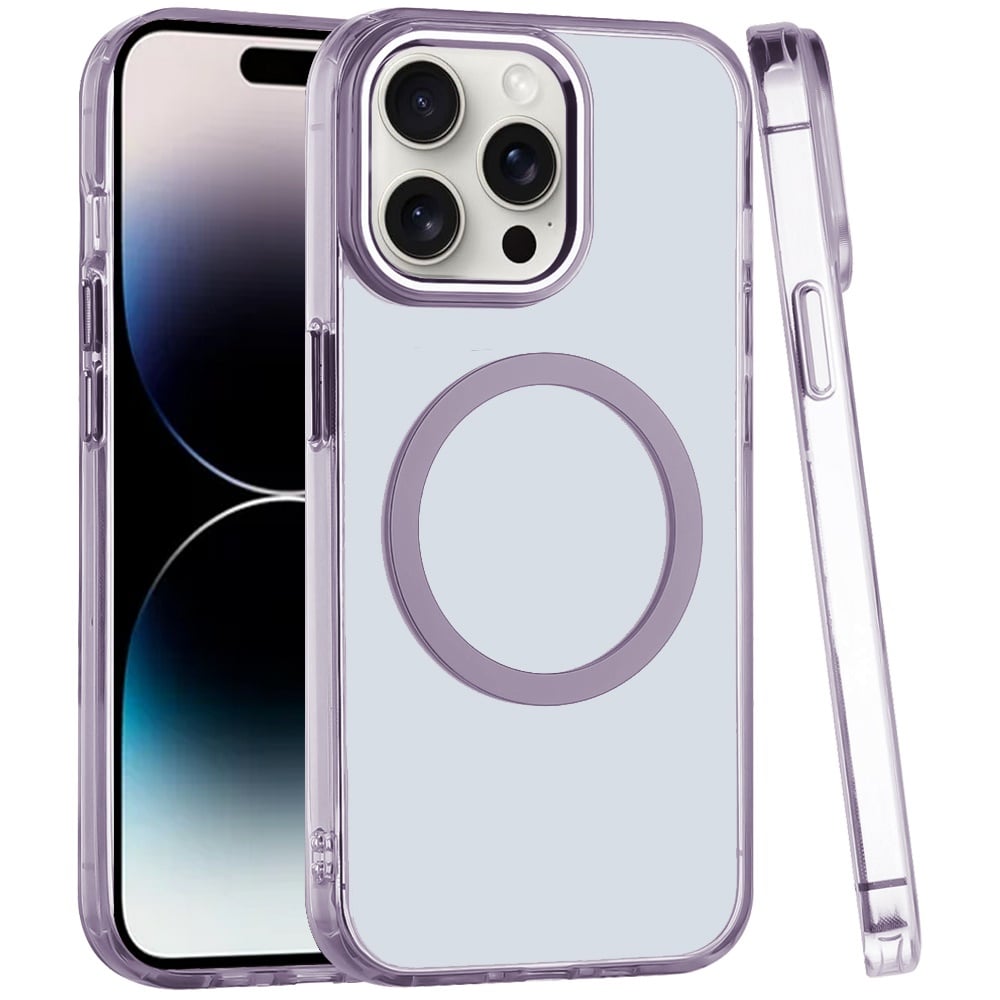 For iPhone 14 Pro Max (6.7") Transparent Back Hybrid Case - Magnetic Circle, Color Frame, Metal Buttons, MagSafe Compatible Case Cover