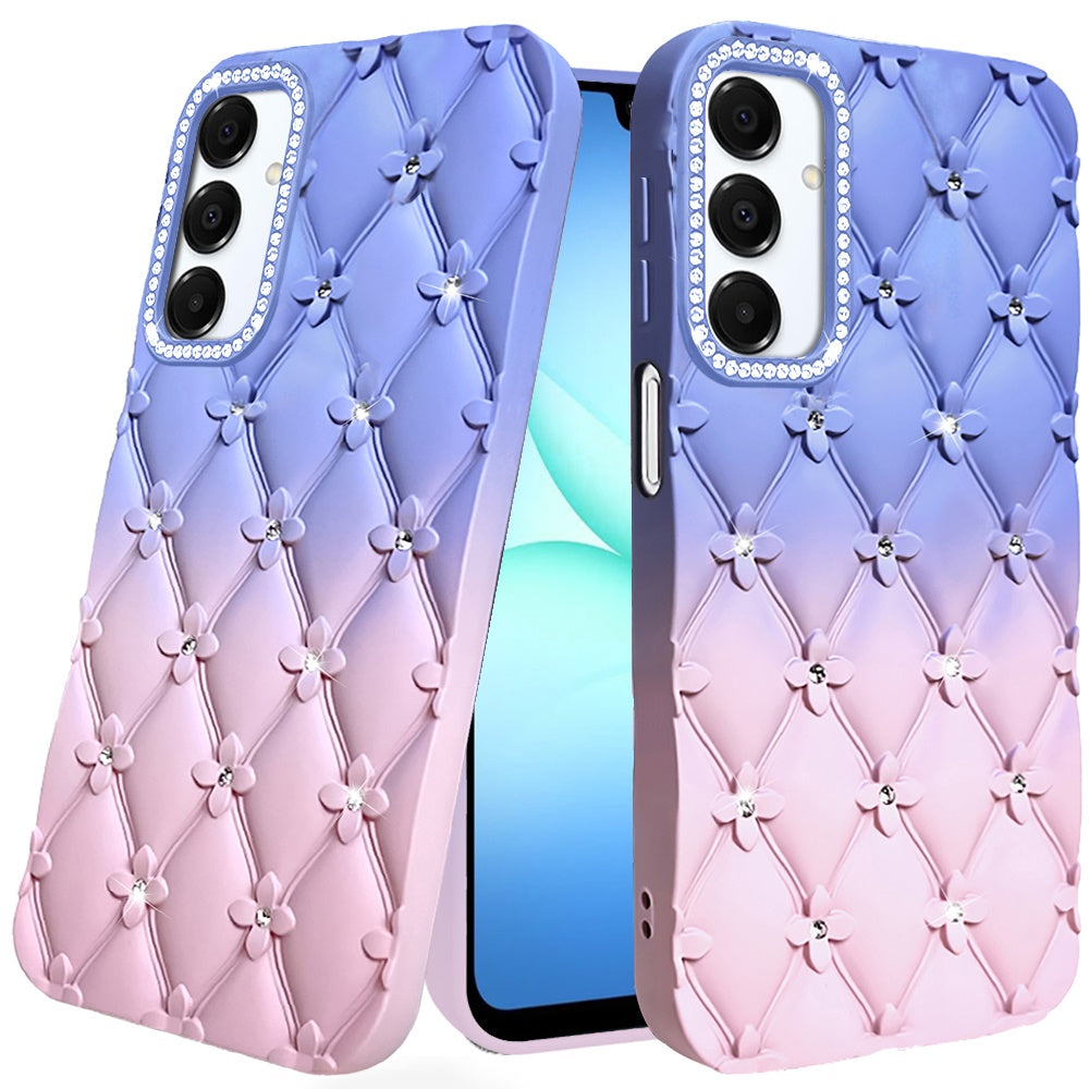 For Samsung Galaxy A17 5G Fashion Flower Design Sparkle Glitter Shimmer Rhinestone Bling Floral Accents, Leather Texture TPU Case Cover