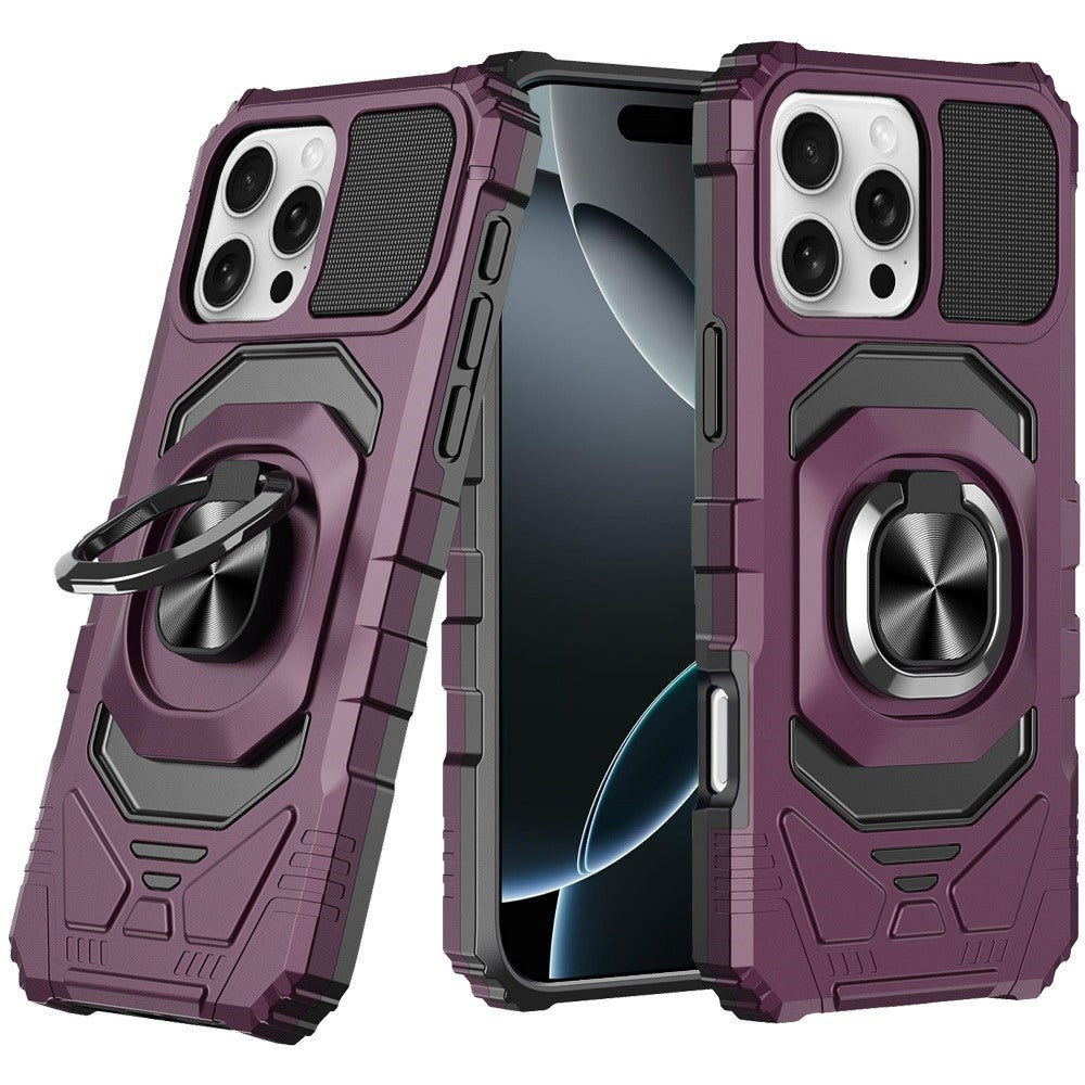 Phone Case for iPhone 16 Pro Max Rugged Hybrid Dual Layer Magnetic Ring Stand Armor Shock Absorbing Heavy Duty TPU Reinforced Bumper Cover Purple
