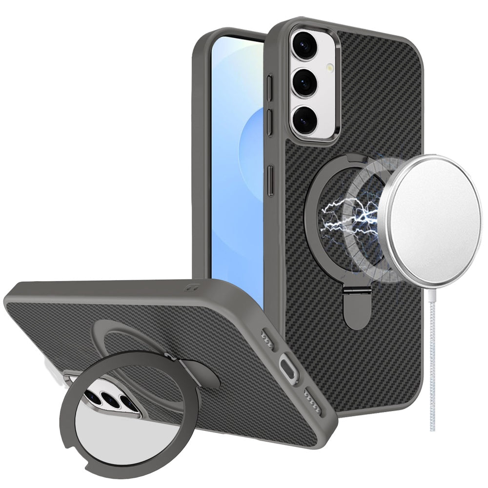 For Apple iPhone 16e (E edition) Hybrid Carbon Fiber Design with MagSafe Compatible [Magnetic Circle], Ring Stand Shockproof Slim TPU Case Cover