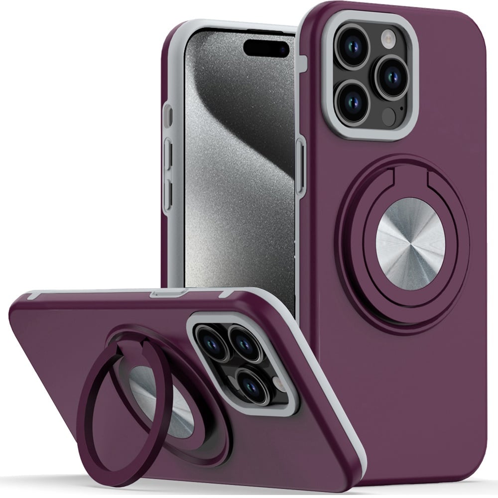 Phone Case for Apple iPhone 15 Pro Max Shockproof Magnetic Ring Stand Rotating CarMount Hybrid Metal Matte Finish AntiSlip Grip Kickstand Cover Red
