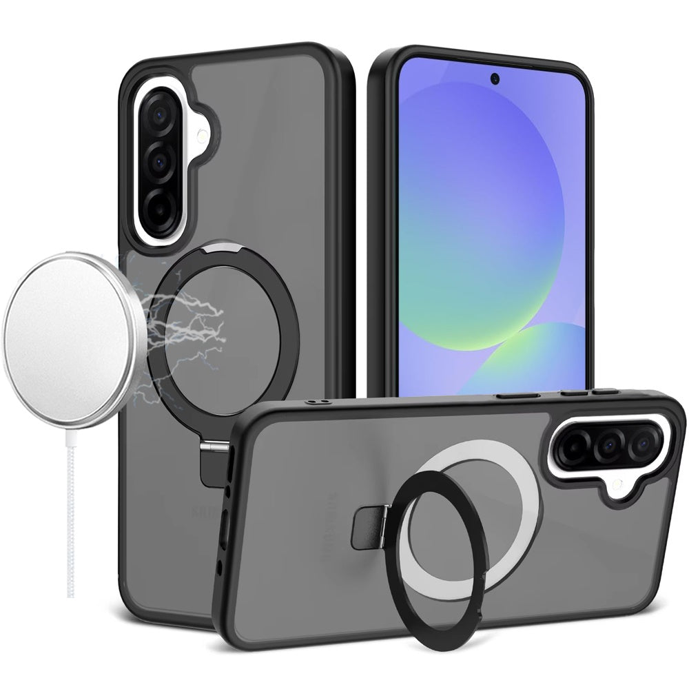 Phone Case for Samsung Galaxy A56 / A36 Magnetic Ring Stand Full Rotation Matte Shockproof Grip Anti Slip Durable Camera Protection Hybrid Cover Black