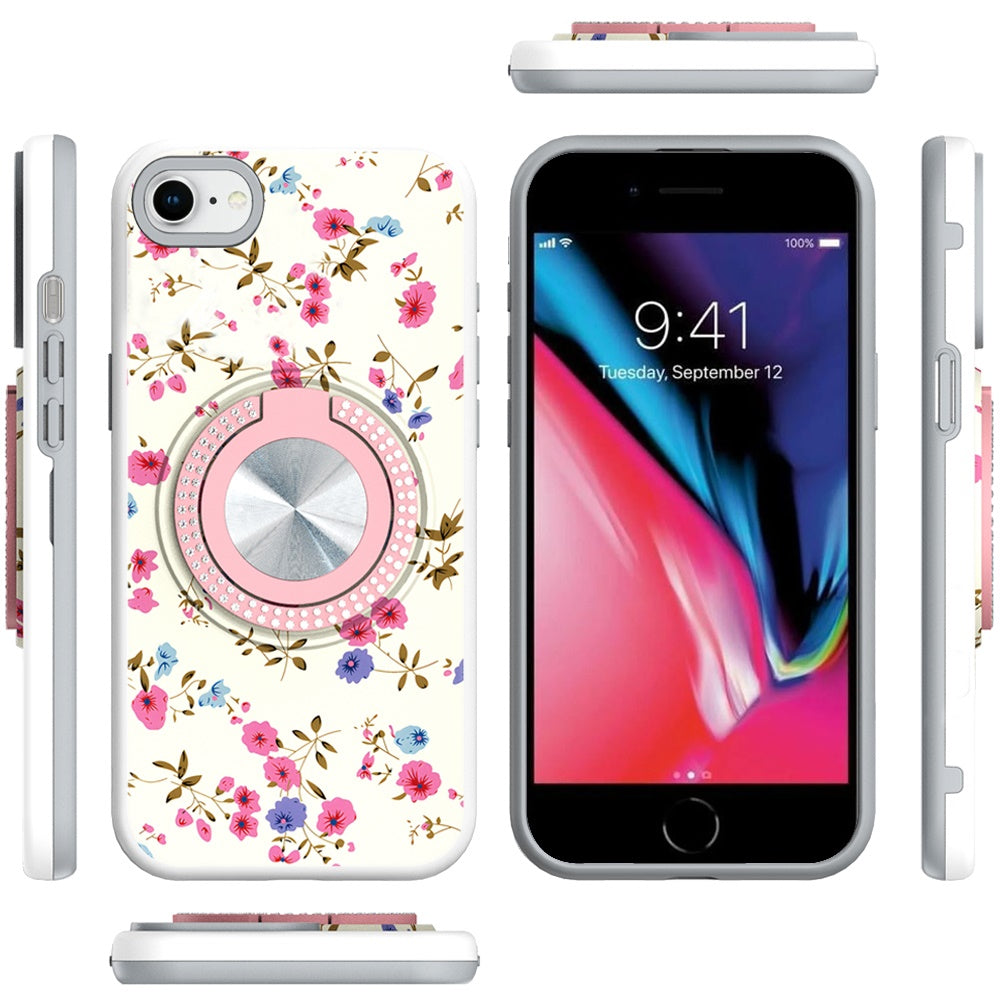 For Apple iPhone SE 3 (2022) SE/8/7 Pattern Design Hybrid with Invisible Ring Stand & Magnetic Back, Shockproof Protective Grip Case Cover