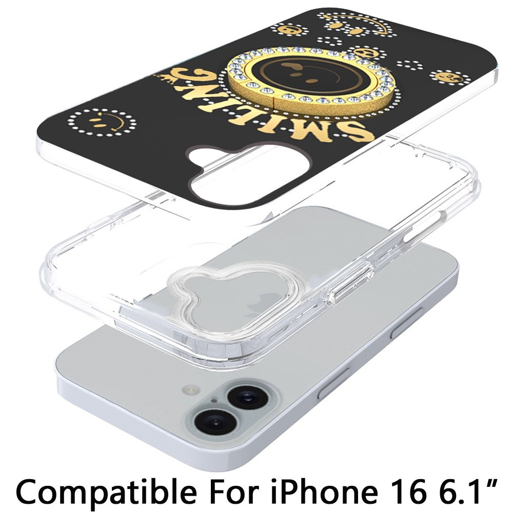 For Apple iPhone 17E /16E Smiling Glitter Bling Ornament Hybrid Shockproof Stylish Sparkle Design Secure Grip Durable Protection Case Cover Black