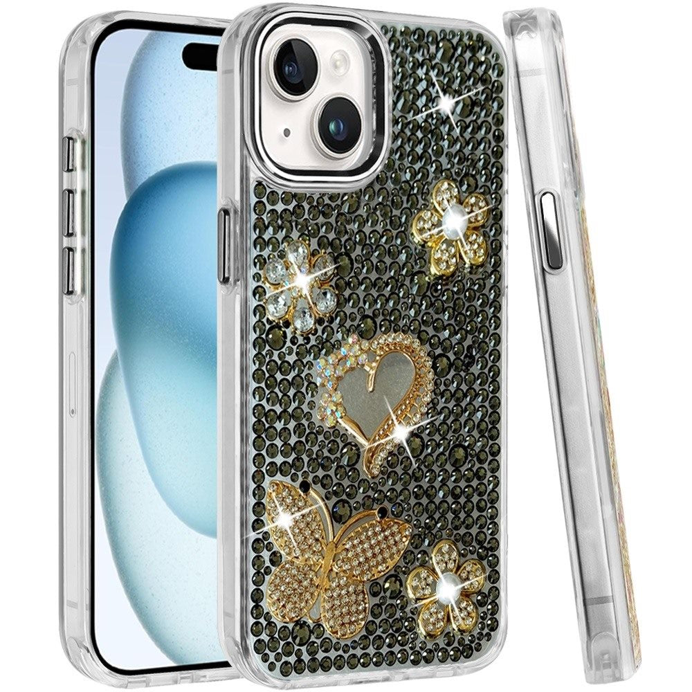 Phone Case for Apple iPhone 15 Luxury Crystal Butterfly Floral Jeweled Heart Full Diamond Design, Sparkling Decorative Details, Elegant Style Cover Black