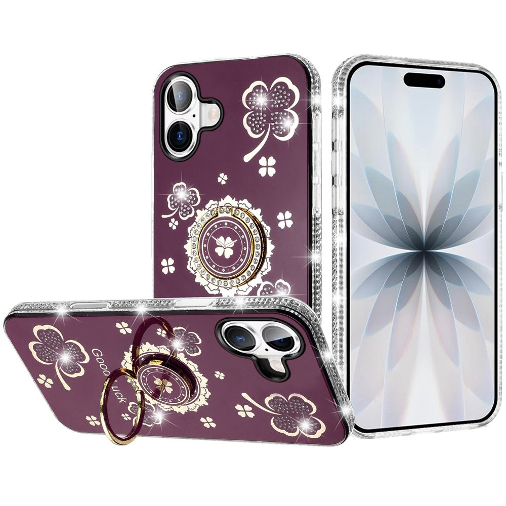 Phone Case for Apple iPhone 17 (6.3") Glitter Diamond Ring Stand Sparkle Rhinestone Edge AntiSlip Kickstand Luxury Fashion Bumper Shockproof Cover Red