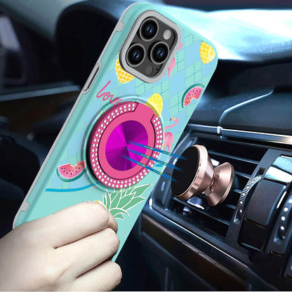 For Apple iPhone 11 Pro Max Pattern Design Hybrid with Invisible Ring Stand & Magnetic Back, Shockproof Protective Grip Case Cover Summer Blossom Flowers