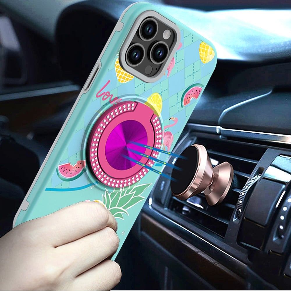 For Apple iPhone 11 Pro Max Pattern Design Hybrid with Invisible Ring Stand & Magnetic Back, Shockproof Protective Grip Case Cover Pineapple