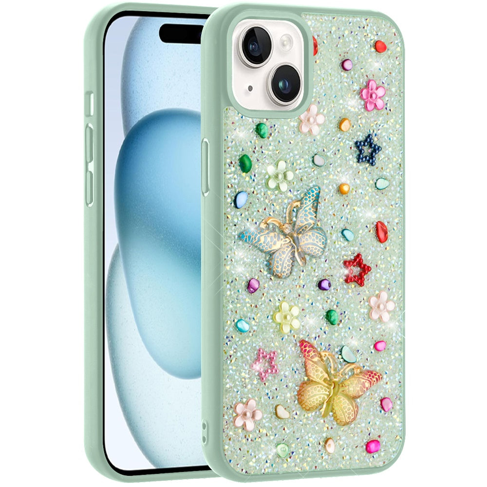 Phone Case for iPhone 15 Plus (6.7") 3D Butterfly Diamond Bling Glitter Shockproof Stylish Protective Luxury Hybrid Sparkly Durable Grip Design Cover Teal