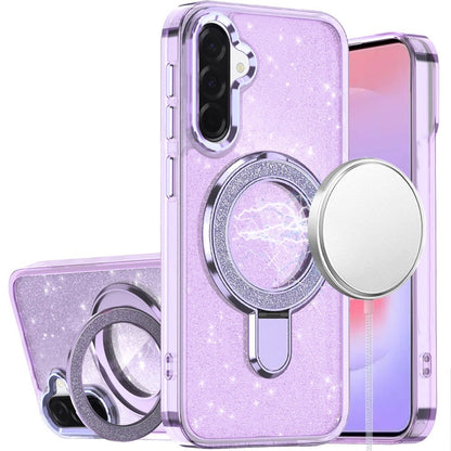 Phone Case for Samsung Galaxy A37 Transparent Glitter Bling Magnetic Ring Stand Shockproof Anti Slip Rotating Grip Protective Hybrid Durable Armor Cover Purple