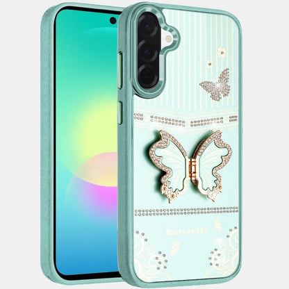 Phone Case for Samsung Galaxy A27 Glitter Bling Butterfly Stand Metallic Edge Hybrid Shockproof Grip Durable Camera Protection Stylish Design Cover