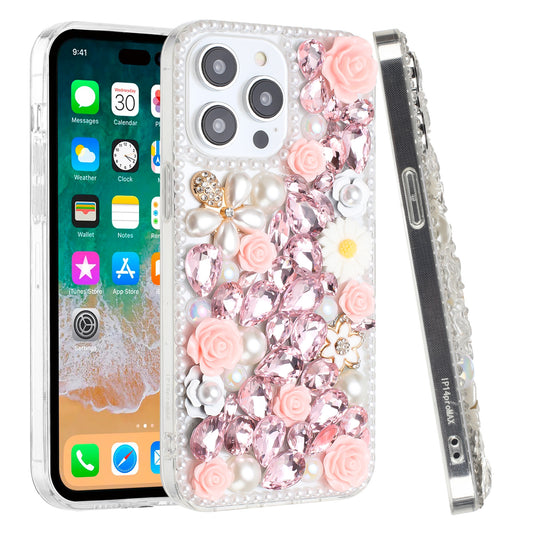 Phone Case for Apple iPhone 15 Pro Max Rose Flower Full Diamond Bling Rhinestone Glitter Luxury Stylish Sparkle Protective Designer Hybrid Cover Pink