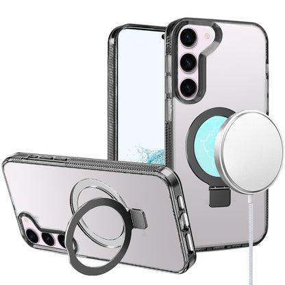 For Samsung Galaxy S22+ Plus 5G Transparent Magnetic Ring Circle Stand with MagSafe Compatible Hybrid Dotted Edged Hard PC Shockproof Case Cover Black