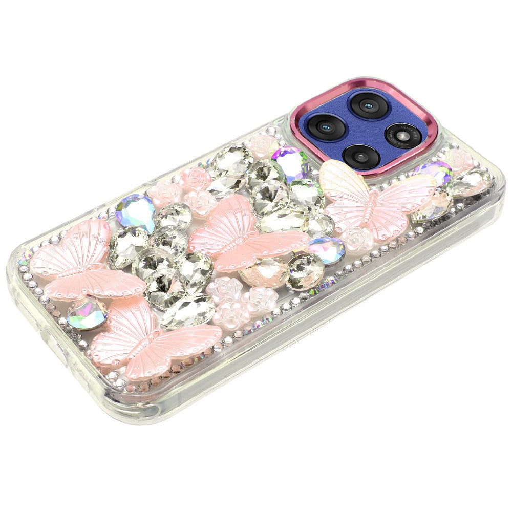 For Motorola Moto G Stylus 5G 2025 3D Diamond Floral Butterfly Bling Stone Hybrid, Sparkly Rhinestone Gemstone Back Shockproof Case Cover