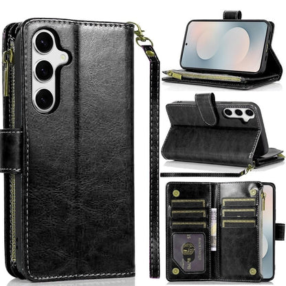 Phone Case for Samsung Galaxy S25 FE, S25 Fan Edition Luxury Leather Wallet Card Holder Zipper Pocket Money Storage Protective Grip Design with Strap Cover Black