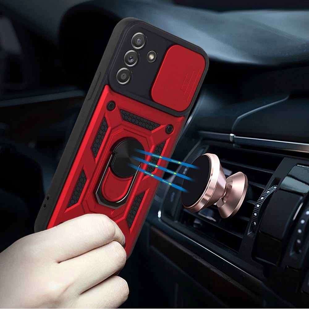 For Samsung Galaxy A15 5G Hybrid Case with Slide Camera Lens Cover, Ring Kickstand, Heavy-Duty Dual Layer TPU, Fit Magnet Car Mount Case Cover