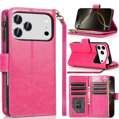 For Apple iPhone 17 Pro (6.3") Leather Wallet Case with Zipper, 9 Card Slots, Cash Pocket, Stand & Strap, Clutch Pouch Design Case Cover