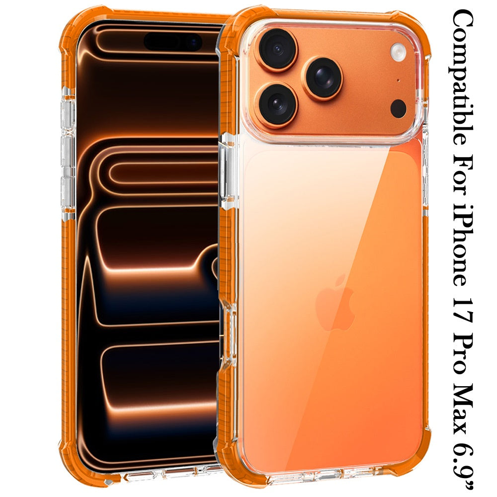 For Apple iPhone 17 Pro Max Hybrid Transparent Acrylic Rubber Gummy Hard PC Silicone TPU Color Bumper Frame Shockproof Case Cover Clear / Cosmic Orange