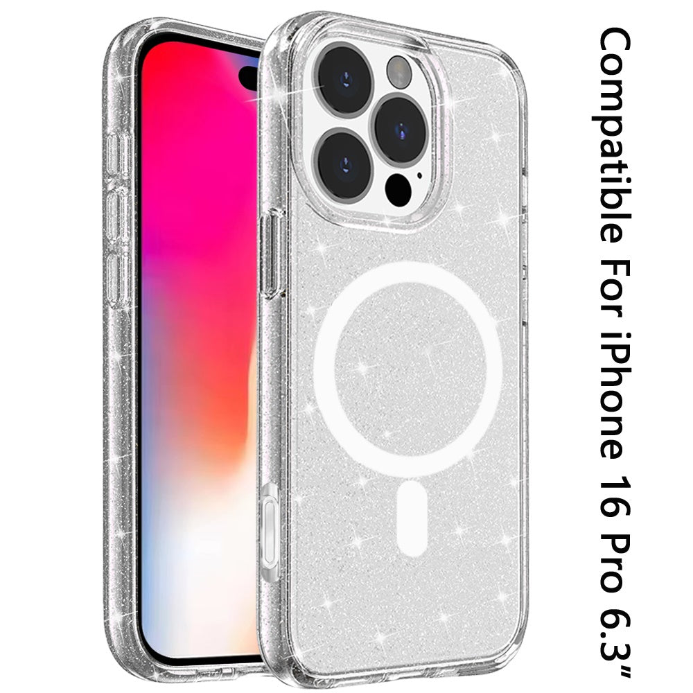 For Apple iPhone 16 Pro MagSafe Compatible Glitter Sparkle Bling Hybrid Case with Magnetic Circle, Slim TPU & Hard PC Frame Case Cover Smoke