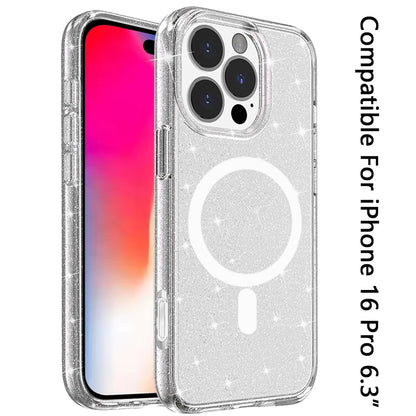 For Apple iPhone 16 Pro MagSafe Compatible Glitter Sparkle Bling Hybrid Case with Magnetic Circle, Slim TPU & Hard PC Frame Case Cover Smoke