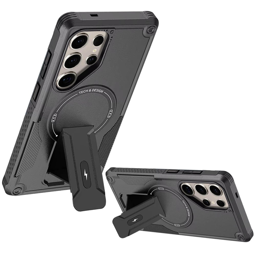 Phone Case for Samsung Galaxy S24 Ultra Magnetic Kickstand Rugged Shockproof Armor Grip Anti Slip Heavy Duty Protective Matte Stand Hybrid Cover Black