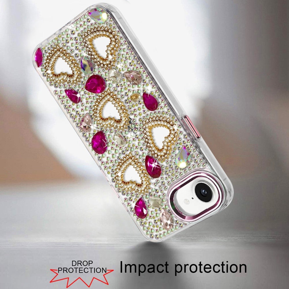 Phone Case for Apple iPhone 17E /16E Luxury Crystal Heart Rhinestone Diamond Bling Shockproof Hybrid Glitter Protective Stylish Durable Grip Cover Pink