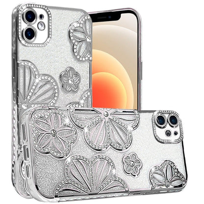 For iPhone 12 / iPhone 12 Pro (6.1") Luxury Flower Design Sparkle Glitter Diamond Rhinestone Shimmer Bling Plating Thick TPU Hard PC Case Cover