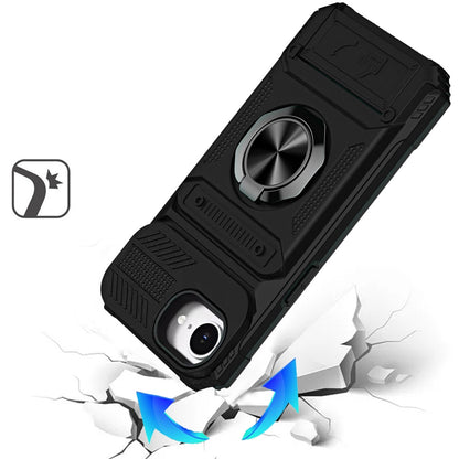 For Apple iPhone 17E /16E 2X Card Slot Metal Ring Stand Hybrid Shockproof Heavy Duty Drop Protection Multi Functional Design Case Cover
