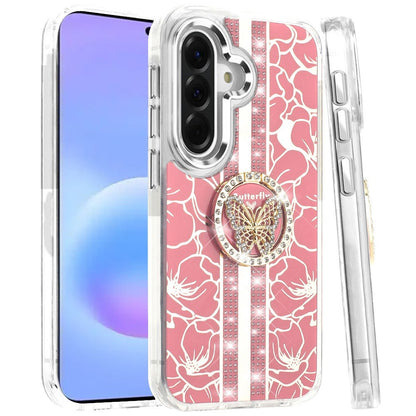 Phone Case for Samsung Galaxy A57 Floral Butterfly Ring Stand Glitter Bling Shockproof Hybrid Luxury Fashion Protective Anti Slip Durable Grip Cover