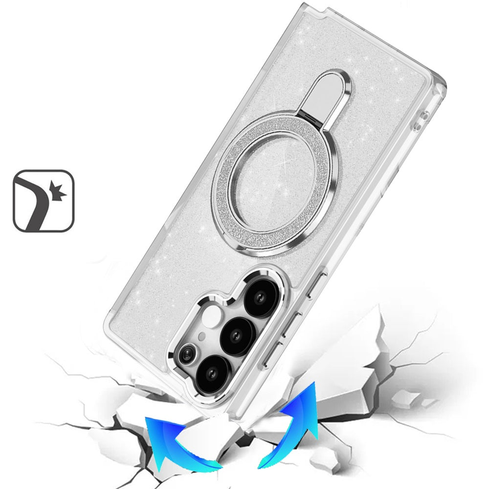 For Samsung Galaxy S26 Ultra Transparent Glitter Bling Case with Rotating Magnetic Ring Stand, Shockproof Hybrid Case Cover