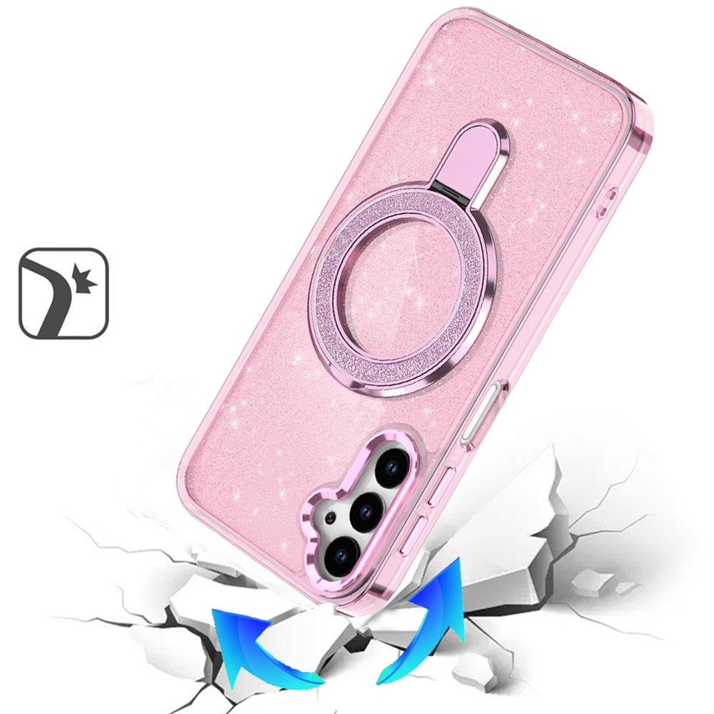 For Samsung Galaxy S26 Ultra Transparent Glitter Bling Case with Rotating Magnetic Ring Stand, Shockproof Hybrid Case Cover