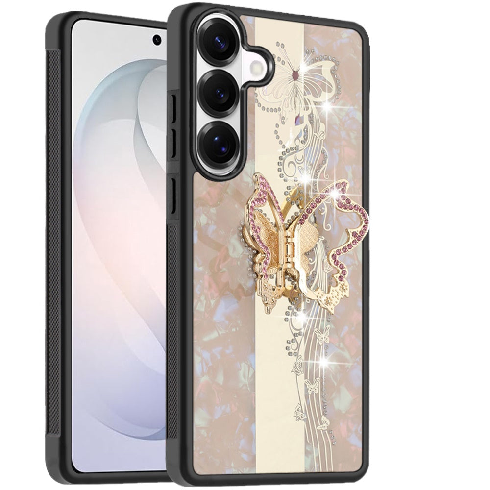 Phone Case for Samsung Galaxy S26 FE /Fan Edition Diamond Glitter Butterfly Engraved Ring Stand Luxury Bling Hybrid Shockproof Chrome Edge Protective Durable Grip Cover