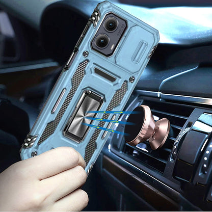 Phone Case for Motorola Edge 2024 Tough Metal Ring Shockproof Sliding Camera Window Hybrid Armor Rugged Anti Slip Heavy Duty Grip Cover Blue