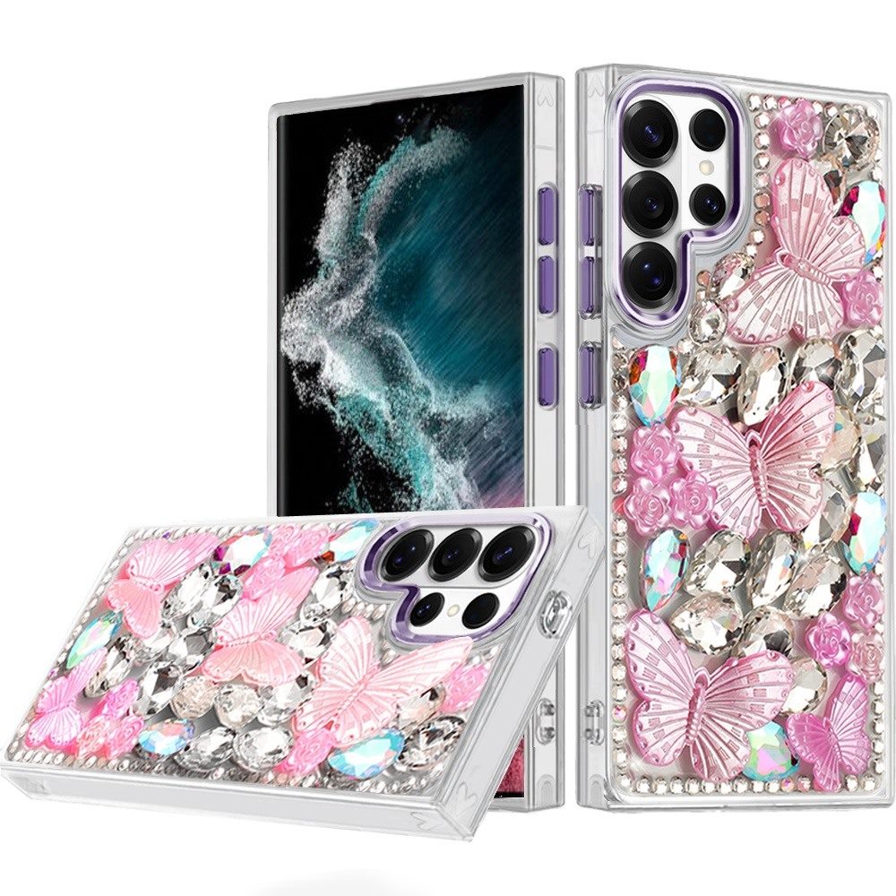 Phone Case for Galaxy S22 Ultra Luxury 3D Floral Butterfly Bling Rhinestone Glitter Shockproof Stylish Protective Hybrid Designer Metallic Cover Purple