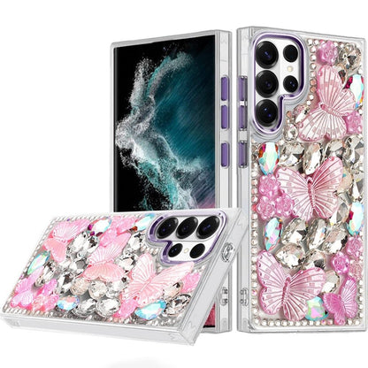 Phone Case for Galaxy S22 Ultra Luxury 3D Floral Butterfly Bling Rhinestone Glitter Shockproof Stylish Protective Hybrid Designer Metallic Cover Purple