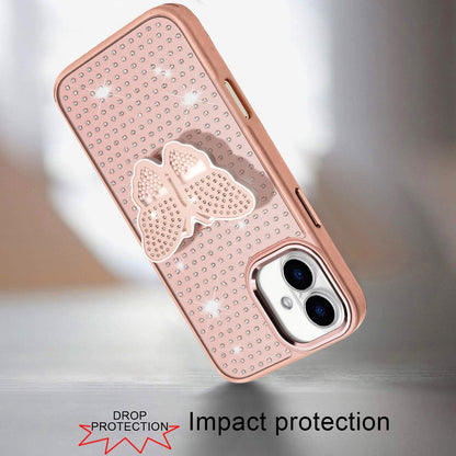 For Apple iPhone 17 (6.3") Butterfly Moveable Grip 3D Pop Stand Full Diamond Bling Sparkling TPU Fashion Hybrid Case Cover
